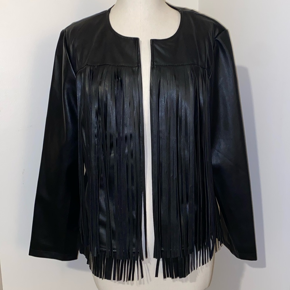 Chico’s black faux leather fringe long-sleeve jacket